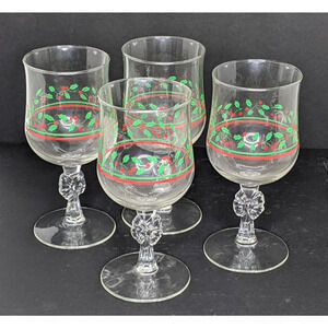 Arby's Holly Berry Bow Stem Wine Glasses Christmas Vintage 1980's Set of 4